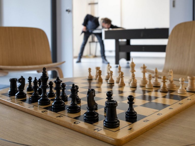 Ein Schachspiel im Vordergrund - im Hintergrund spielt ein Mann Billiard